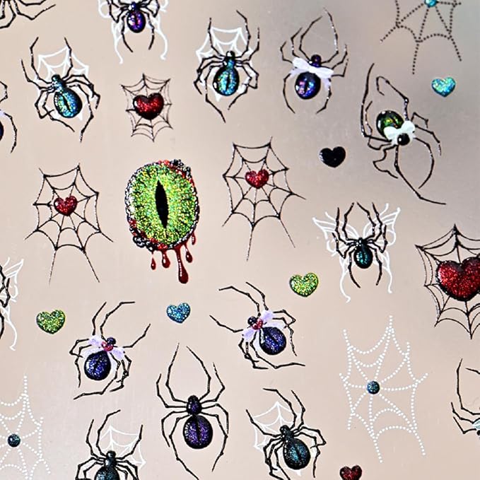1Pcs Halloween Spider Nail Art Stickers 5D Embossed with Crystal Spider Nails Decals Glitter Heart Eyes Spiders Web Design Goth Nail Stickers Horror Halloween Nails Supplies for Women Acrylic Manicure