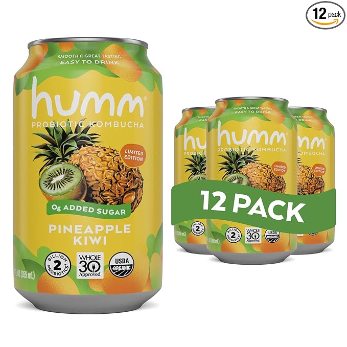 Humm Whole30 Approved Kombucha, Pineapple Kiwi, Organic, Vegan & GMO Free (12 Pack)