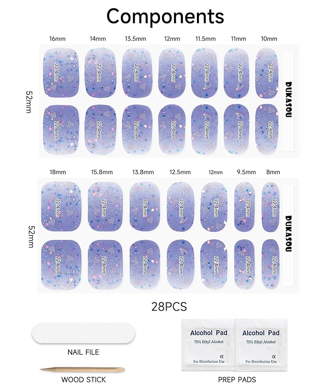 Semi Cured Gel Nail Strips (Purple Mood), 28 pcs UV Gel Nail Stickers for Women Work with Any UV Lamps, Salon Quality Nails Wraps for Home DIY Nails Art
