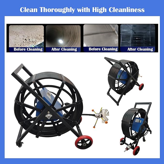 110V Air Duct Cleaning Machine Pipeline Cleaning Machine 0~1000r/min Brush Speed 3 Rotary Brush Flexible Shaft Dust Collector for Dia 80-800mm Industrial/Workshop/Air Conditioning Pipe