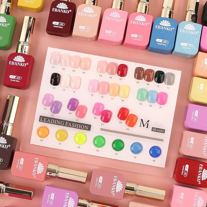 EBANKU 36Colors 0.5Oz Gel Nail Polish Set Same Color Same Bottle Soak Off Gel Polish Kit with 3PCS Base Top Matte Coat Nail Art Manicure Salon DIY at Home for Women