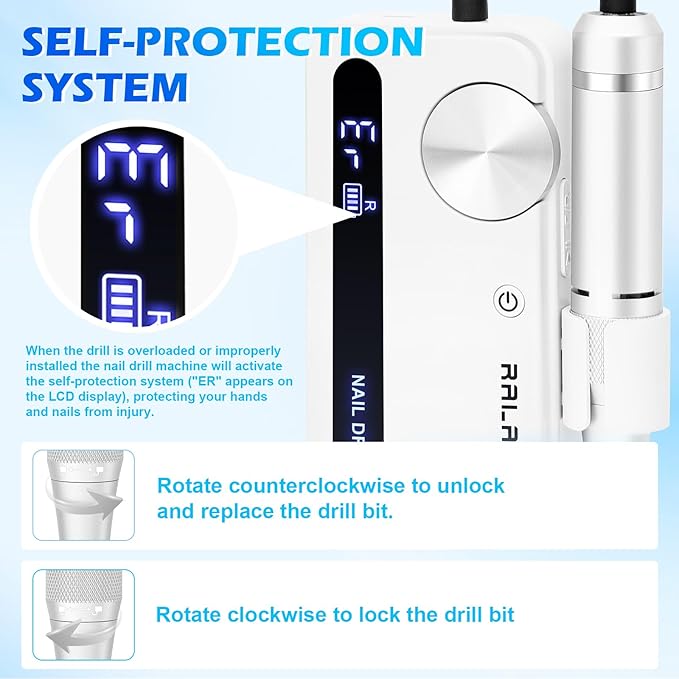 Professional Nail Drill, 35000RPM Electric Nail File, Rechargeable Cordless Machine, Nail Drill Kit with Bits, Portable Electric Nail Filer Manicure Pedicure (White)