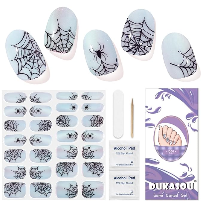 Halloween Semi Cured Gel Nail Strips, Spider | 28 pcs HalloweenSpider Gel Nail Strips Work with Any UV Lamp, Salon Quality Nails Stickers, Include Prep Pads, Nails File&Wood Stick