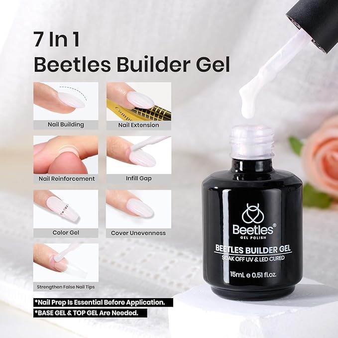 Beetles Builder Gel for Nails-Mermaid Shell 7 in 1 Pearl White Nail Thickening Strengthening Building Apex for Beginner DIY Salon at Home,Pearlescent Builder Nail Gel,UV & LED Lamp Cured Needed