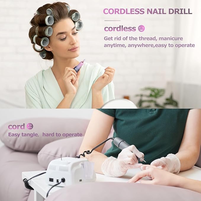 Electric Nail Files Cordless, Professional Nail Drill LCD Display with 12 Bits 30000RPM Rechargeable Manicure Pedicure EFile for Gel Nail Polish Acrylic Nails Thick Toenails Removal, Grey Pink