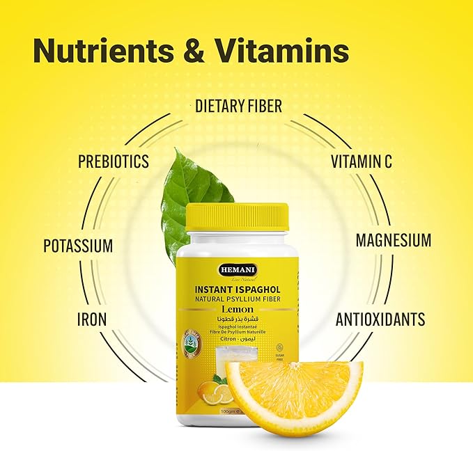 Hemani Instant Psyllium Husk Ispaghol 100g | Lemon Flavored On-The-Go Fiber Supplement | Supports Digestive Health | Add to Water for a Refreshing Drink