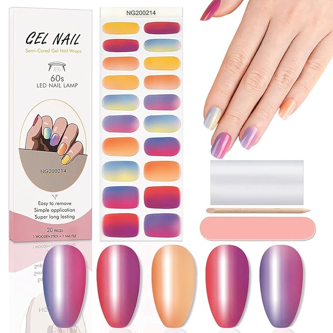 WOKOTO 20 Pcs Gradient Semi Cured Gel Nail Strips With Nail File & Wooden Stick Semicured Nail Polish Strips For Women Girls Gel Nail Wraps Uv Light Gel Nail Stickers Stick On Nails Gel Stickers