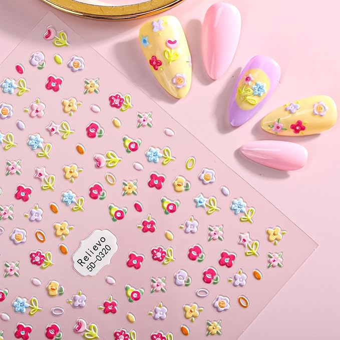 Colorful Flower Nail Stickers for Nail Art, 5D Embossed Nails Art Stickers Decals Self Adhesive Floral Nail Sticker for Women Spring Nails Sticker Decoration