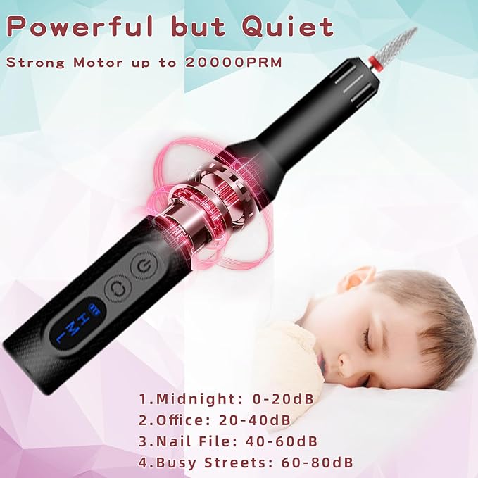 Pinkiou Electric Nail Drill, Cordless Electric Nail File ,Manicure Pedicure Kit for Acrylic,Gel Nails,Rechargeable Nail Drill,Professional Nail Grinder for Home Salon Use