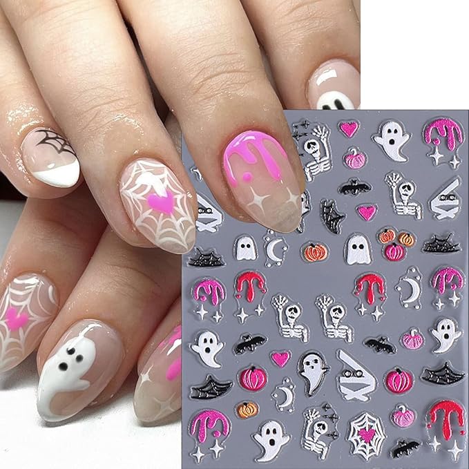 Halloween Nail Art Stickers 5D Self-Adhesive Mummy Spider Web Scary Black Spider Pumpkin Nail Stickers Ghost Skeleton Design Nail Decals for Halloween Party DIY Manicure Decorations 3 Sheets