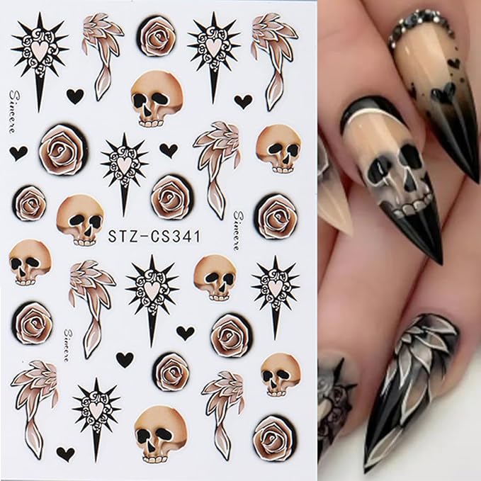Halloween Nail Art Stickers Decals Mushroom Ghost Skull Nail Decals 6PCS 3D Ghosts Rose Skull Black Cat Pumpkin Spiders Halloween Design Nails Adhesive Sticker Supplies for Women DIY Manicure Nail Art