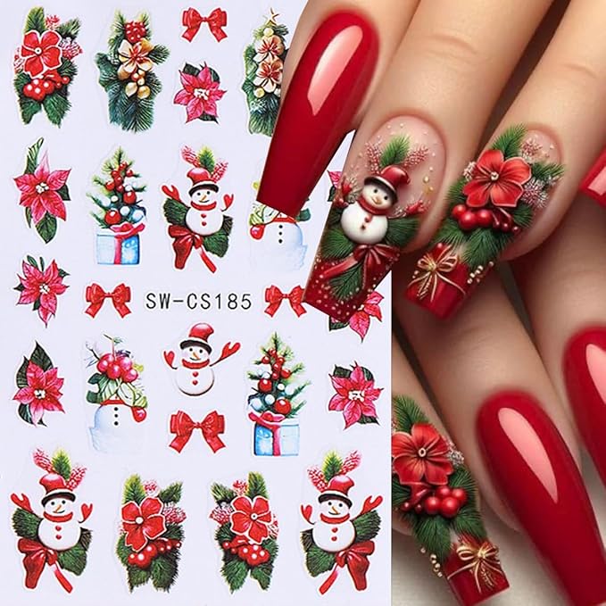 Christmas Nail Stickers Christmas Tree Nail Decals Bow Gift Crutch Nail Art Sticker Green Bow Gift Snowman Light Ball Design Heart Nail Stickers for Nail Art for Women DIY Holiday Manicure 6 Sheets