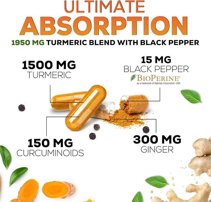Turmeric Curcumin Supplement 1950mg - 95% Curcuminoids with Organic Turmeric & Ginger, BioPerine Black Pepper for Best Absorption, Nature's Vegan Joint Support, Non-GMO, Bottled in USA - 120 Capsules
