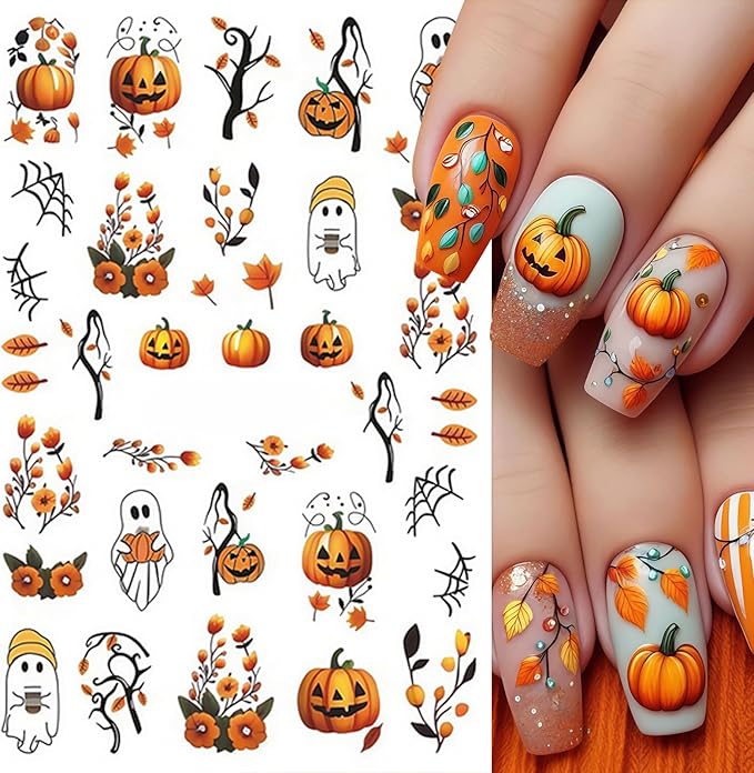 8 Sheets Halloween Nail Art Stickers Decals Ghost Pumpkin Nail Decals 3D Self-Adhesive Pink Mushroom Flower Ghost Nail Supplies Nail Decorations Gothic Nail Sticker for Women Halloween Party