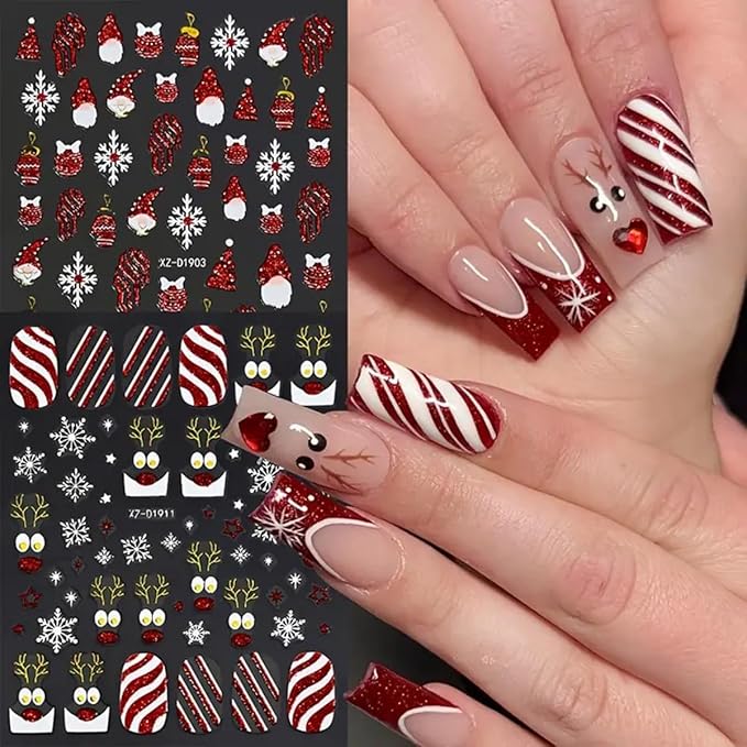 12Sheets Christmas Nail Art Stickers Snowflake Snowman 3D Self-Adhesive Xmas Nail Decals Nail Art Supplies Red Gold Santa Claus Elk Xmas Tree Santa's Hat Design Holiday Nail Art Accessories for Women