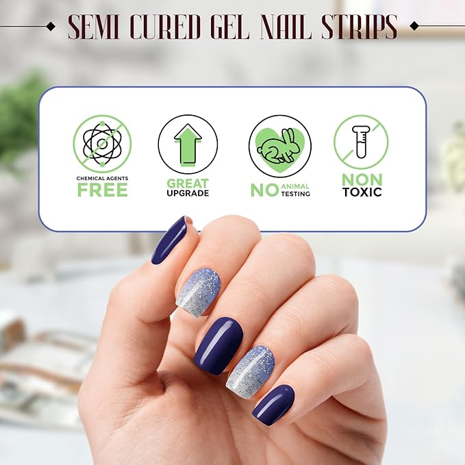 Gloss Nail Strips|Uv Free|22 Pcs,Gel Nail Stickers|Long Lasting Two Weeks and Easy to Apply&Remove|Dazzle Blue