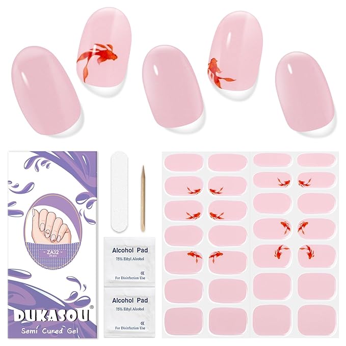 Semi Cured Gel Nail Strips, 28 pcs Gel Nail Stickers Work with Any UV Lights, Long-Lasting Nail Wraps, Stick on Nails for women Easy to Apply & Remove