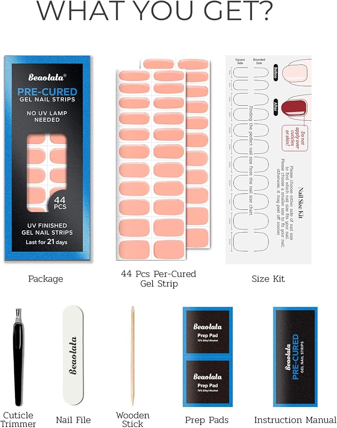 Pre Cured Gel Nail Strips - 44PCS Salon Quality Gel Nail Stickers - Long Lasting Polish Wraps for Women no UV Light Needed Easy Apply& Remove (Desert Sand Nude)