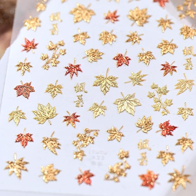 1Sheet 5D Embossed Thanksgiving Nail Art Stickers Self Adhesive Bronzing Fall Maple Leaves Design Nails Decals for Acrylic Nails Fiery Red Maple Leaf Nail Sticker for Women Autumn Nails Decor Supplies