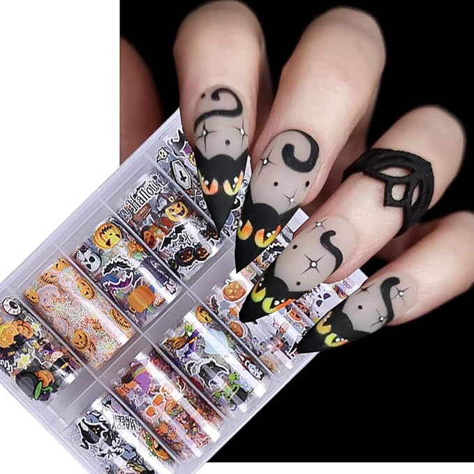 10 Rolls Halloween Nail Stickers Cartoon Pumpkin Nail Art Stickers with Spider Skull Bat Cat Design Sticker Cute Ghost Nail Decals Nail Supplies for Women DIY Acrylic Nails Manicure Wraps Decoration