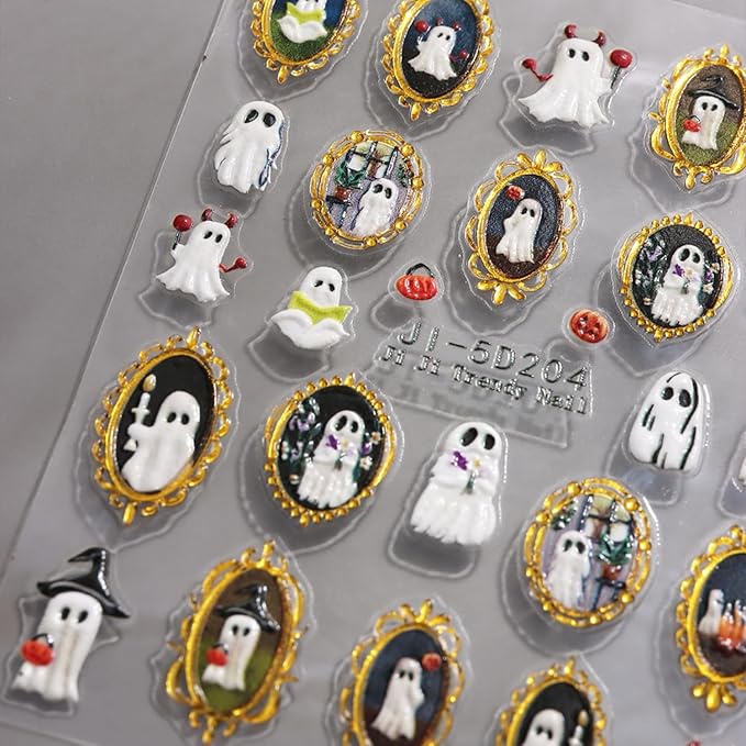 Halloween Nail Art Stickers Decals 5D Embossed Nail Stickers Spider Ghost Pumpkin Nail Art Decals Self-Adhesive Retro Picture Frame Ghost Nails Supplies Colorful Spiders Nails Decorations for Women