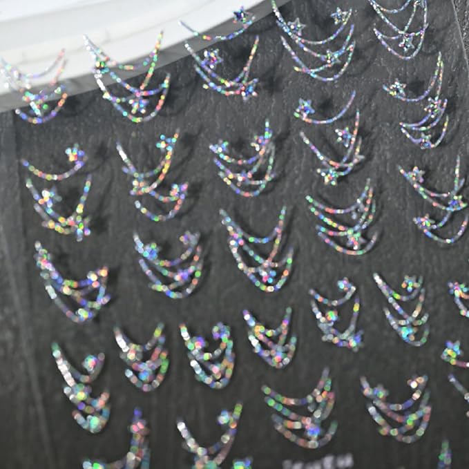 Star Nail Art Stickers Sliver Star Chain Nail Decals Self-Adhesive Laser Nail Stickers Shiny Chain Stars Manicure Supplies Cute French Nail Art Accessories for Women Acrylic Nails Decorations 1Pc