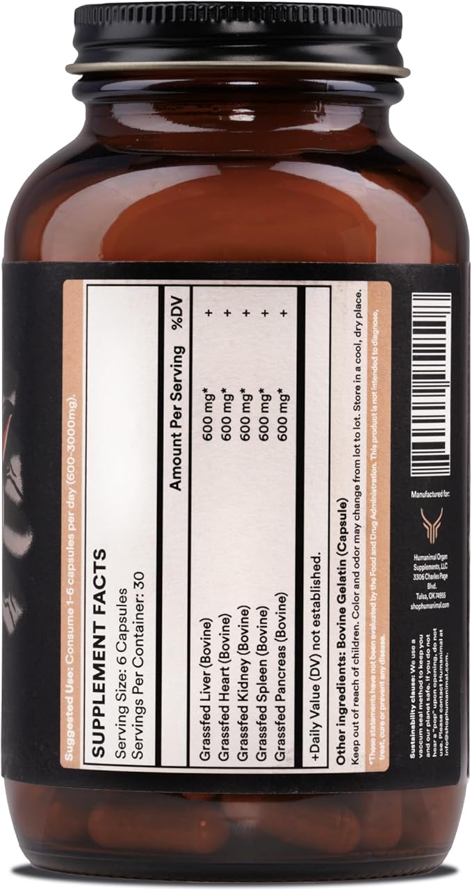 Humanimal Beef Organ Supplement | Beef Organ Capsules | 100% Grass-Fed & Finished, Freeze-Dried | Boosts Whole Body Health | A Blend of Liver, Heart, Kidney, Pancreas & Spleen | Non-GMO, 180 Capsules