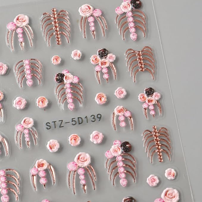 2Pcs Halloween Nail Art Stickers 5D Embossed Halloween Nail Decals Gold Pink Skeleton Bone Rose Blossom Pattern Nail Designs Stickers Skull Nail Supplies for Women Manicure Tip Decorations Accessories