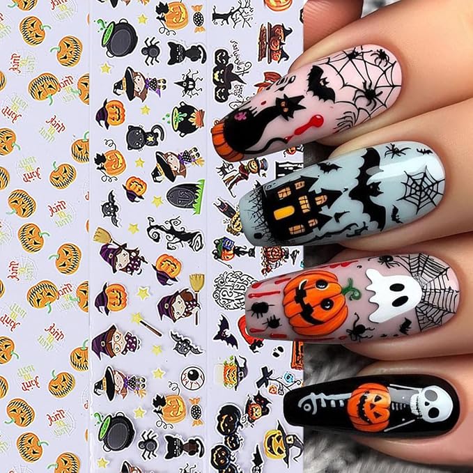 10 Rolls Halloween Nail Stickers Cartoon Pumpkin Nail Art Stickers with Spider Skull Bat Cat Design Sticker Cute Ghost Nail Decals Nail Supplies for Women DIY Acrylic Nails Manicure Wraps Decoration