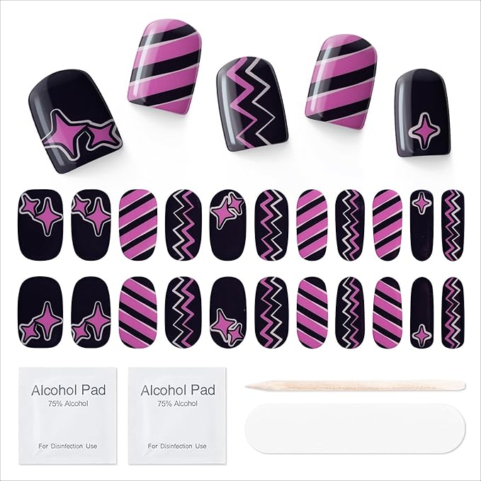 Gloss Nail Strips|Uv Free|22 Pcs,Gel Nail Stickers|Long Lasting Two Weeks and Easy to Apply&Remove|Black Purple Pop