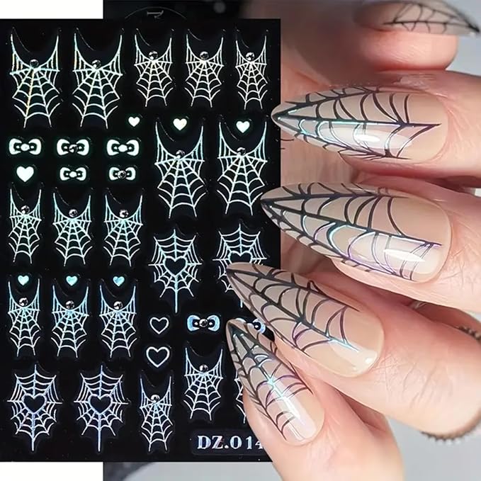 Halloween Nail Art Stickers Decals 4PCS Laser Silver Spider Web Spider Nail Decals with Rhinestone Spider Web Bow Heart Spider Nail Art Supplies Cute Nail Stickers for Women Halloween Manicure Decor