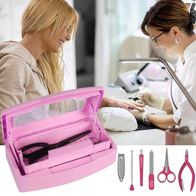 Gusnilo Nail Tool Sterilizer Box barbicide Disinfectant Jar Plastic Disinfectant Container Suitable for Nail Tools Hair Salons Beauty Centers and Manicure and Nail Equipment(Pink)