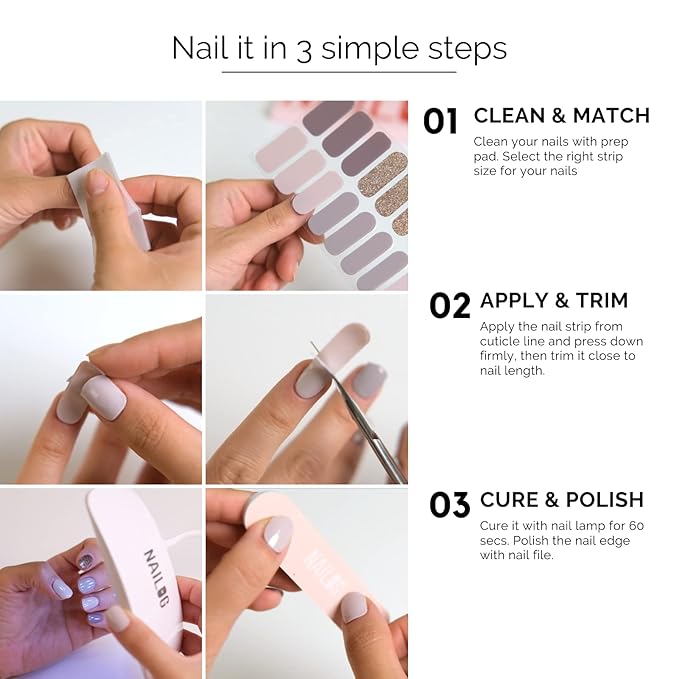 Nailog Semi Cured Gel Nail Strips 34 pcs | Long Lasting Nail Polish Sticker Wraps with Glossy Gel Finish | Twilight