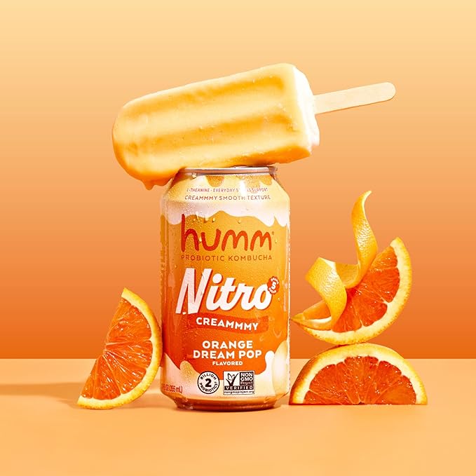 Humm Nitro Kombucha Variety Pack, Creamy Smooth Probiotic Drink with L-Theanine, Includes Blackberry Vanilla, Orange Dream Pop & Strawberry Vanilla, Non-GMO, Vegan, Gluten Free, 12 fl oz (Pack of 12)