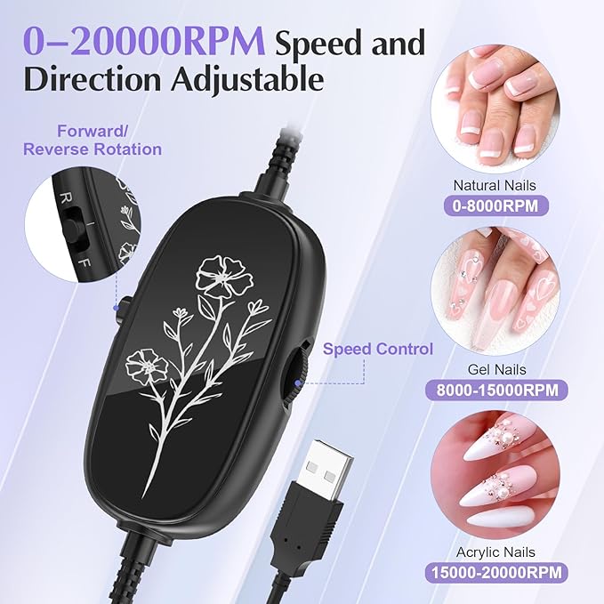 JIASHENG USB Electric Nail Drill, Portable Electric Nail File for Acrylic Gel Nails, Professional Drill Nail Kit Manicure and Pedicure Kit with Drill Bits for Home and Salon Use, Lilac