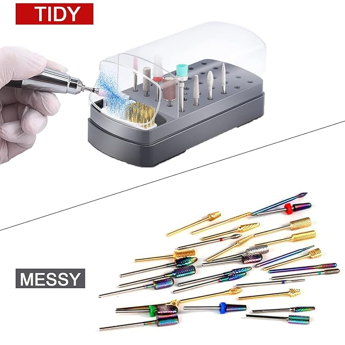 2 In 1 Nail Drill Bits Holder & Cleaning Brush Case,30 Holes Nail Bits Stand Organizer Container,Acrylic Drill Bits Display Storage Box Cleaner for Manicure (Not Include Nail Drill Bits) Black