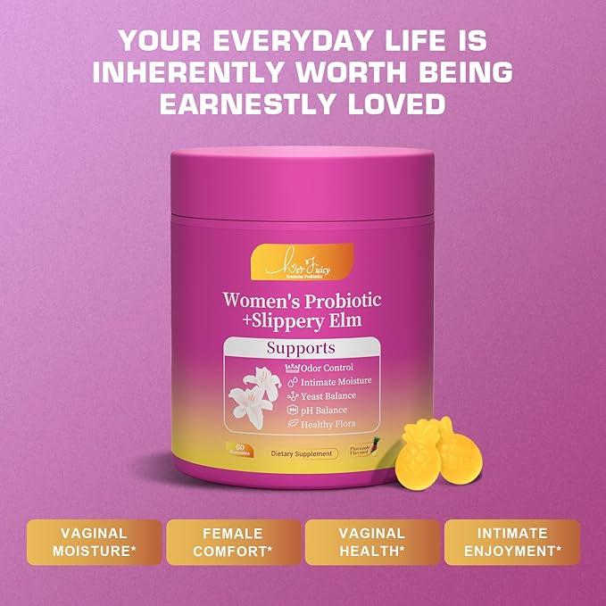 Her Juicy Feminine Probiotics Gummies for Women with Slippery Elm - Pineapple Flavor, pH Balance & Immune Health Support - Digestive & Feminine Support - Vegan Supplement, 60 C