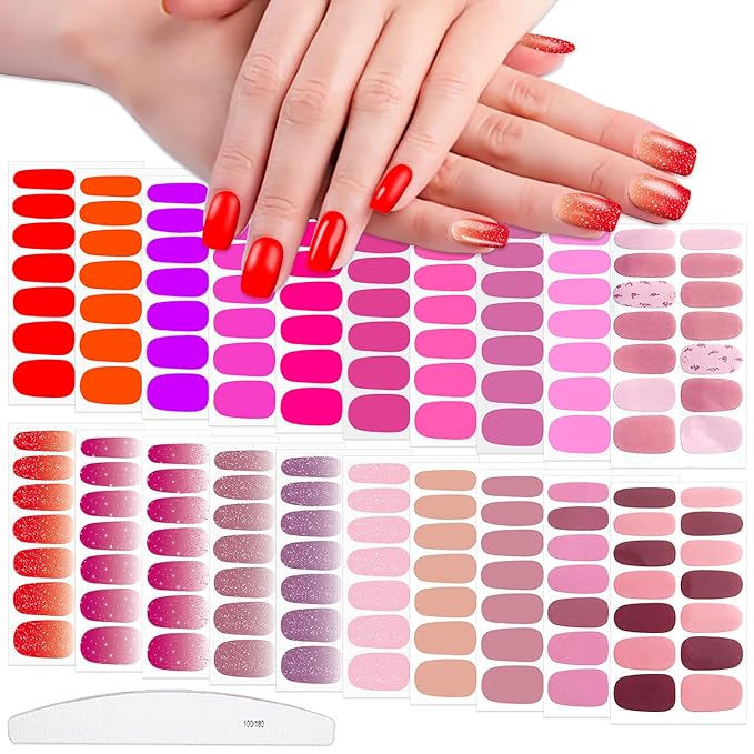 Wokoto 20 Sheets Pink & Red Nail Wraps - Solid & Gradient Designs, Stickers, Full Nail Wraps, Art Decals