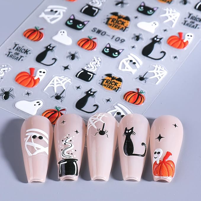 Halloween Nail Art Stickers, Cute Ghost Nail Art Decals 3D Self-Adhesive Skull Pumpkin Black Cat Flower Nail Design 4Pcs Halloween Nail Art Supplies for Women Nail Decoration