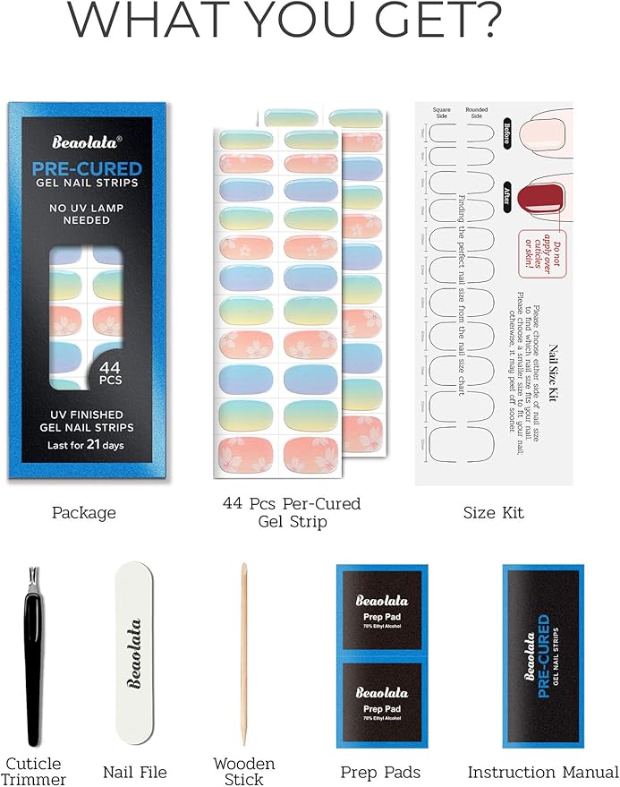 Pre Cured Gel Nail Strips - 44PCS Salon Quality Gel Nail Stickers - Long Lasting Polish Wraps for Women no UV Light Needed Easy Apply& Remove (Sorbet Blue）