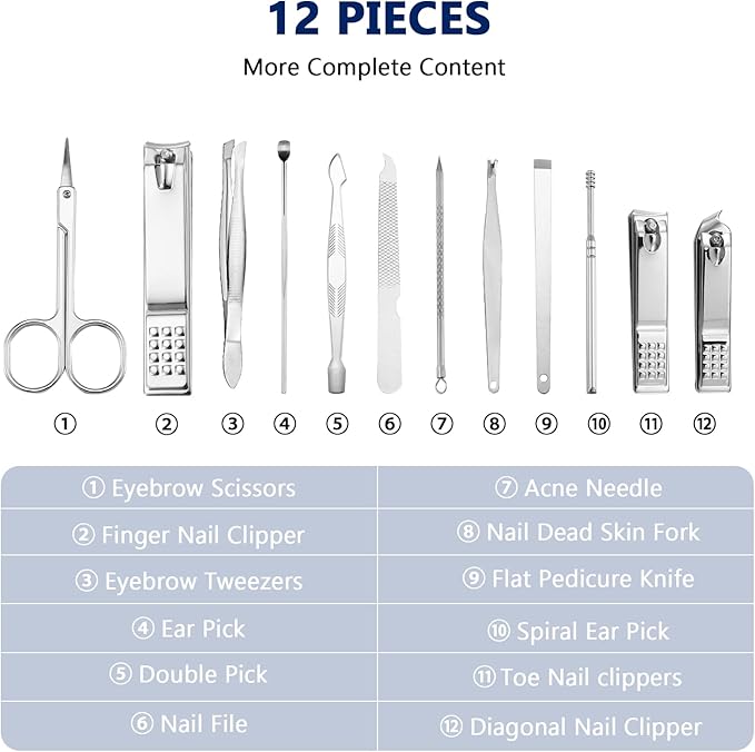 Geosar 12 Sets Christmas Stocking Stuffer Manicure Set Nail Clippers Set Pedicure Kit 12 in 1 Stainless Steel Professional Grooming Kits Nail Care Tools with Travel Case for Xmas Gifts(Classic Style)