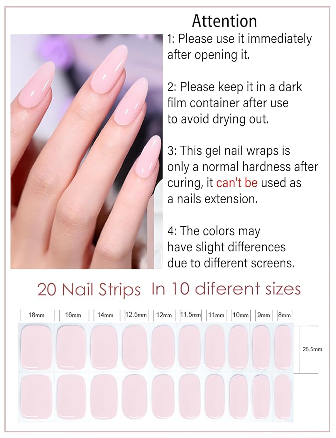 Semi Cured Gel Nail Strips, 20pcs Transparent Milky Pink, UV Cured Gel Nail Wraps for Home Nails DIY