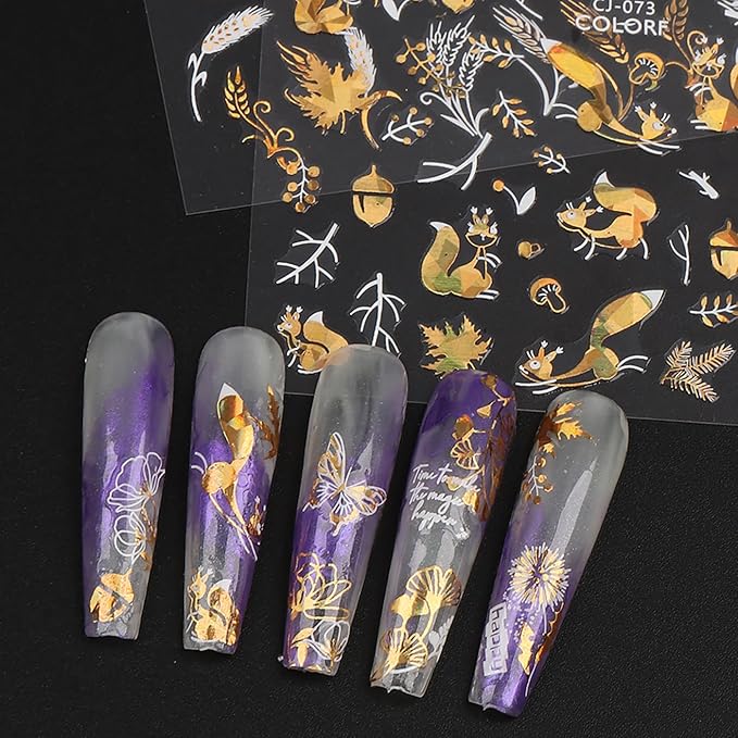 Laser Golden Fall Maple Leaves Nail Art Stickers, Maple Leaves Nail Decals 3D Self-Adhesive with Fan Blade Butterfly Squirrel Flower Design 6Pcs Nail Art Supplies for Women Nail Decoration