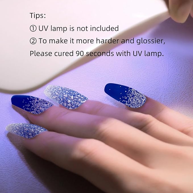 WOKOTO Semi Cured Gel Nail Strips (Blue & Glitter)-16 Pcs Gel Nail Stickers | Gel Nail Wraps | UV Light Required, Salon Quality & Easy To Use, Real Nail Polish Strips Stick On Nails With Nail File