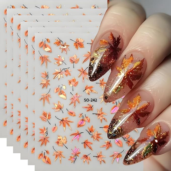 Fall Nail Art Stickers Autumn Maple Leaf Nail Decals 6PCS Laser Fallen Leaves Nail Art Supplies 3D Self-Adhesive Nail Stickers Autumn Leaf Nails Accessories for Women Thanksgiving Day Manicure Decor