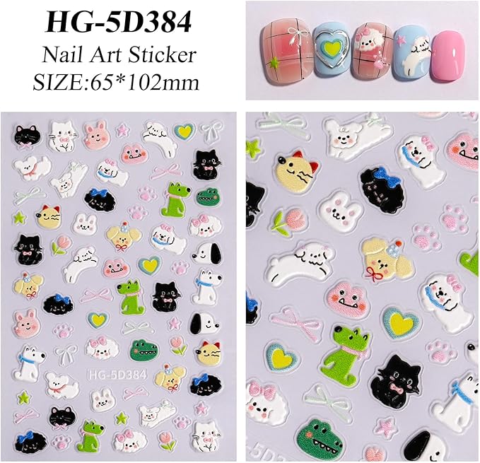 8 Sheets Kids Nail Stickers for Nail Art, 5D Embossed Self-Adhesive Flower Rainbow Dog Fruits Cherry Nail Decals, Cute Nail Supplies Designs Accessories for Women Girls Toddler Manicure DIY Decoration