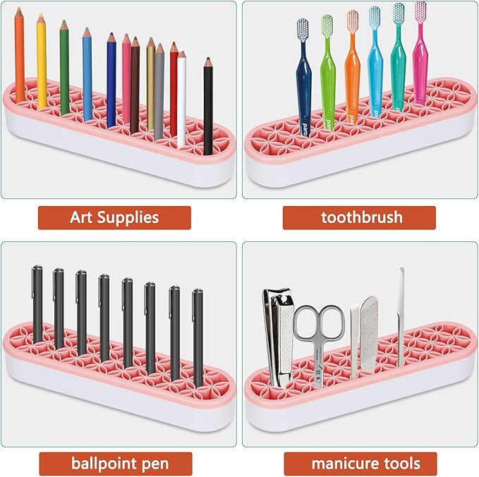 Unaone Silicone Makeup Brush Holder, Multipurpose Beauty Tool Organizer Make up Brush Storage Stand for Painting Pen Brushes Nail Clippers Drill Pens Ruler Sewing Craft Tools (Pink)