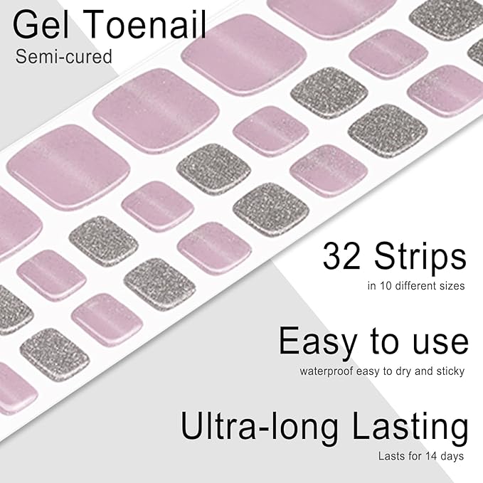 Semi Cured Gel Toenail Strips, 32 Petunia Purple Gel Toenail Stickers - Works with Any UV Lamps Pedicure Strips Full Nail Wraps with Nail File & Wood Stick