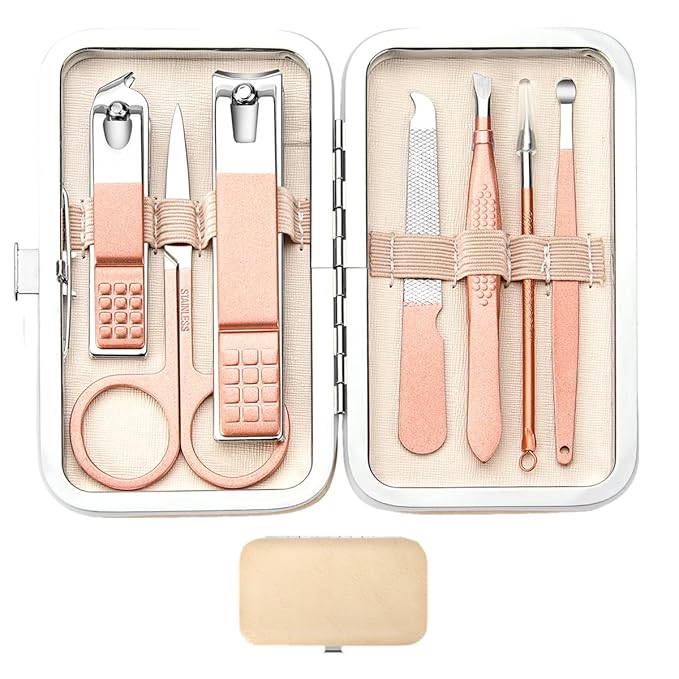 Manicure Set Nail Clipper Set Stainless Steel Women Men Toe Finger Nail Clippers Personal Care Tools with Portable Travel Case Manicure Pedicure Tools Women Men Grooming Kit Present(Rose Gold)