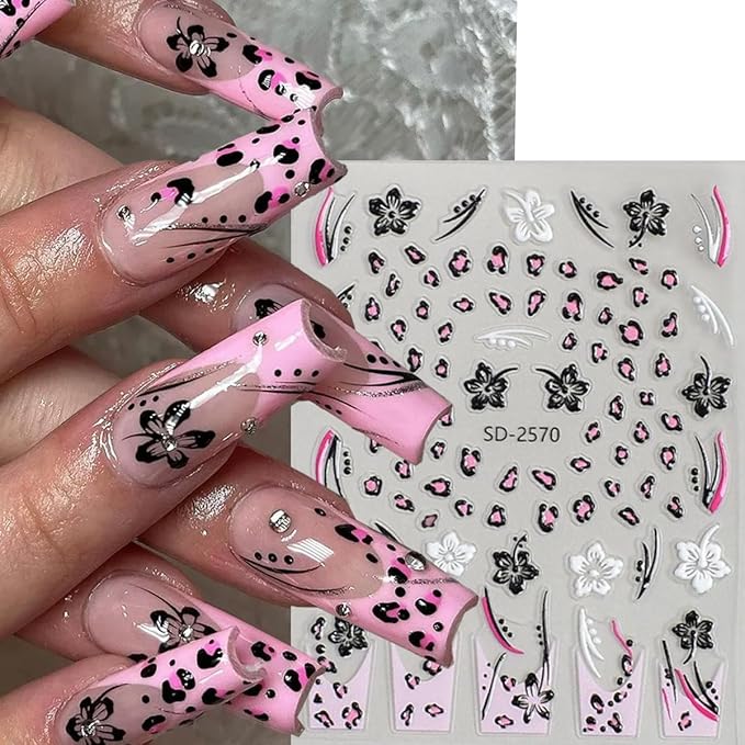 Flower Nail Art Stickers Maillard Leopard Print Nail Decals French Tips Nail Stickers for Nail Art Lily Floral Self Adhesive Relief Design Colorful Nail Sticker for Women DIY Salon Manicure 6 Sheets